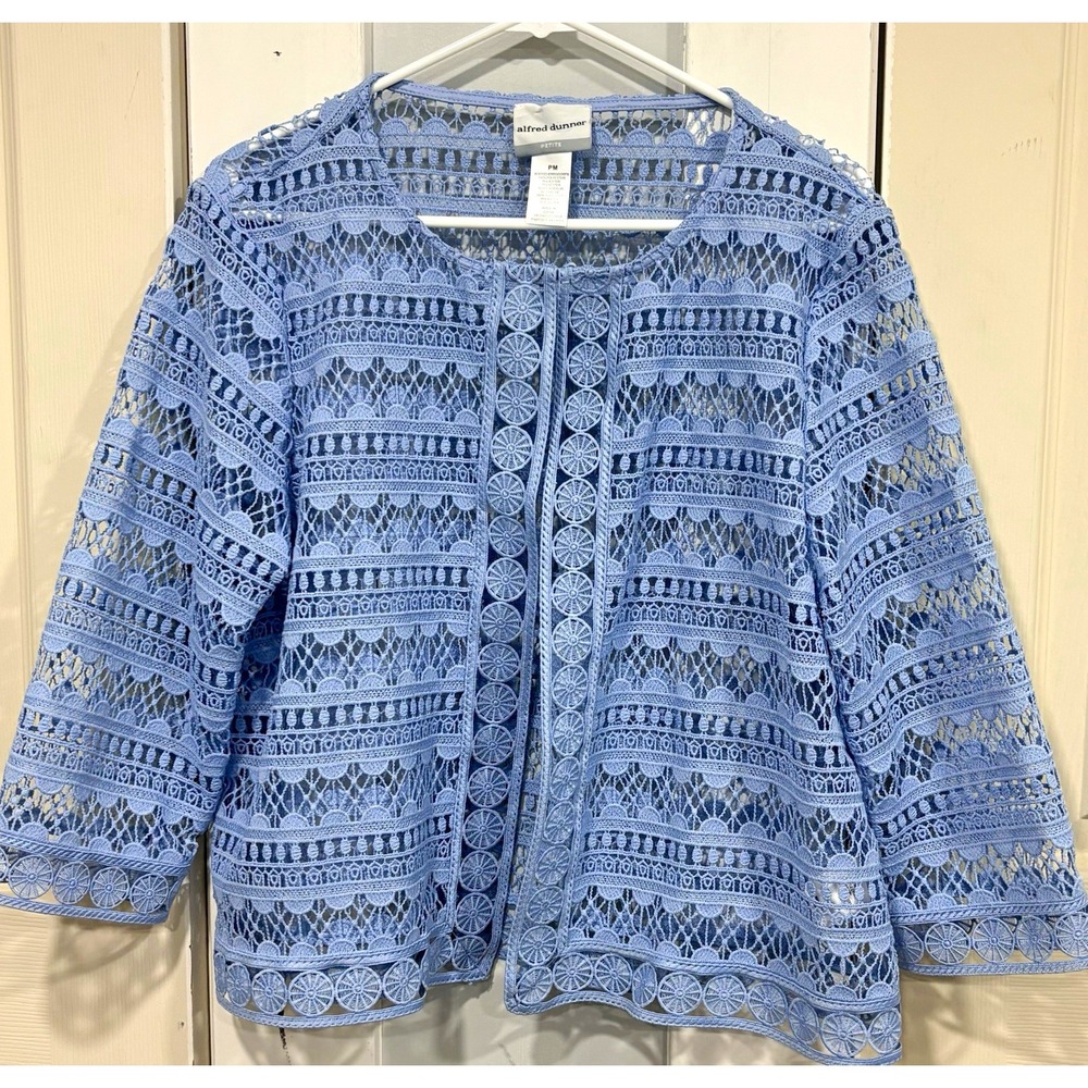 Alfred Dunner Women's Petites PM Blue Lace Crochet Open-Knit Cardigan Sweater